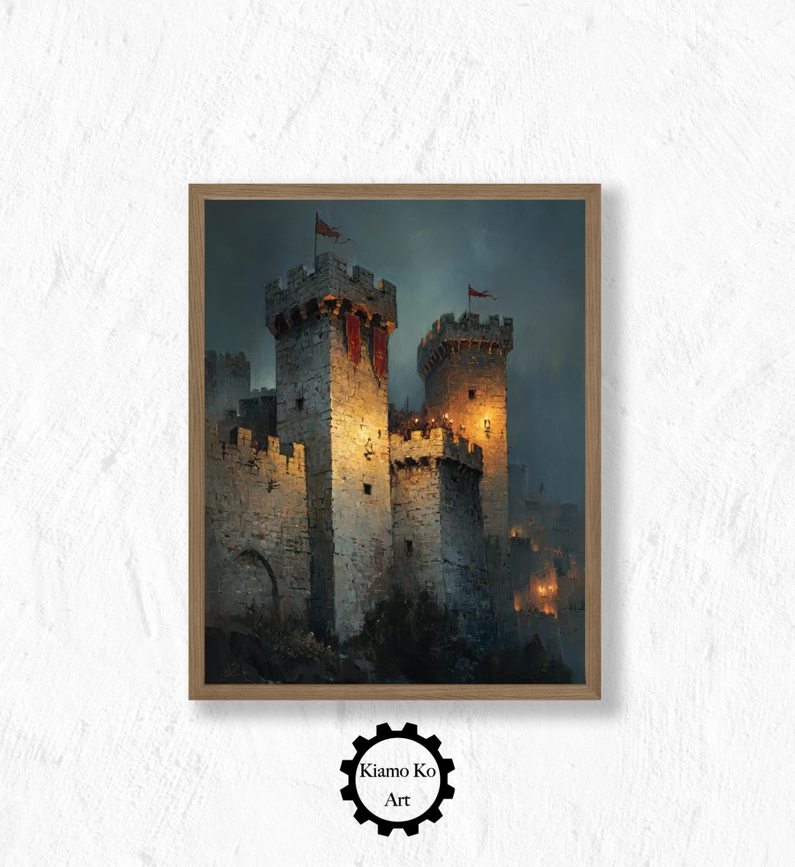 Medieval Castle With Lit Towers And Red Flags On Rocky Cliff Poster