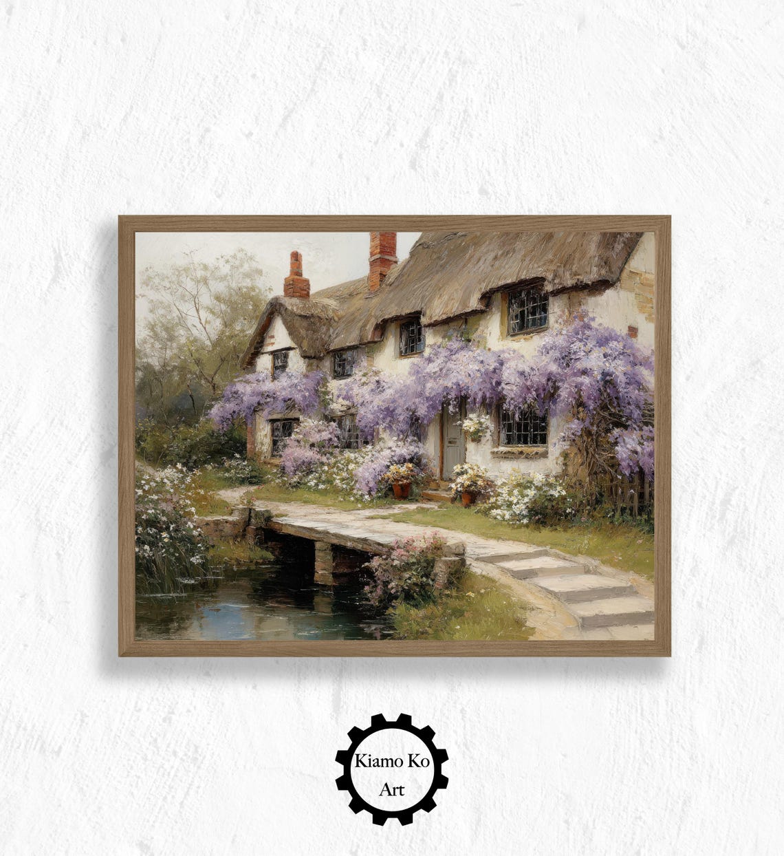 Wisteria-Covered Stone Cottage by the Water Spring Blossom Poster