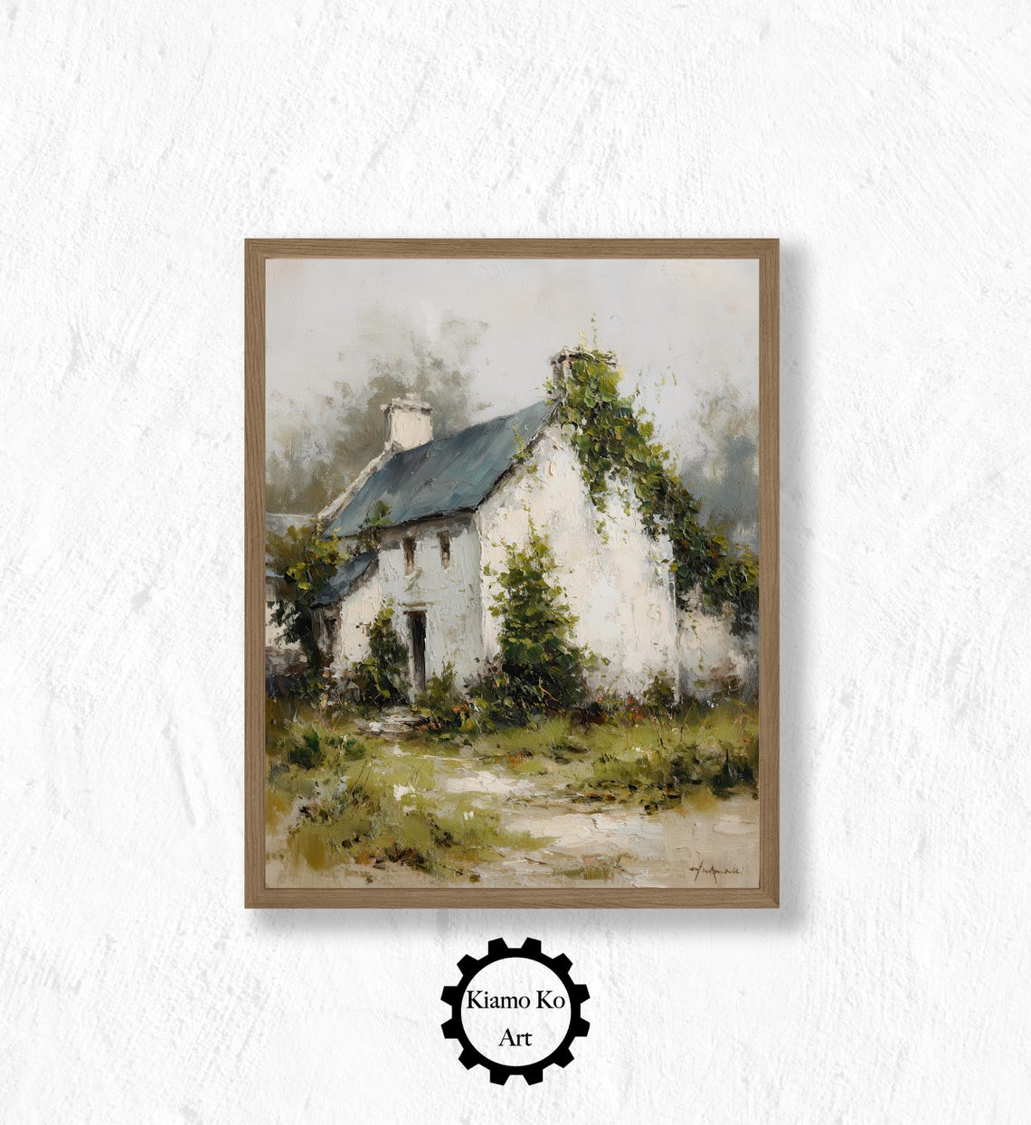 Ivy Covered White Cottage with Blue Roof in the Mist Landscape Poster