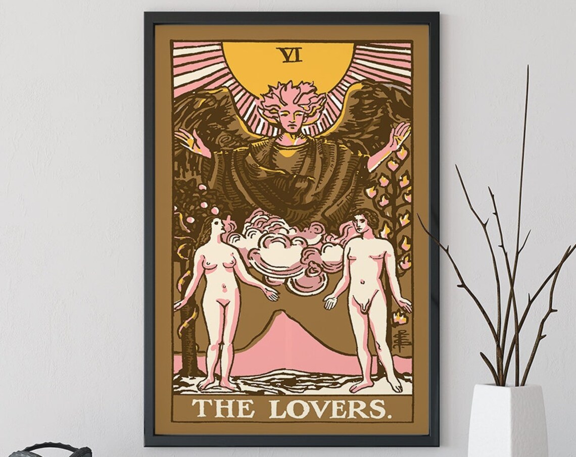 The Lovers Tarot Card VI Vintage Angel Pink Gold Mystical Poster - Image 2