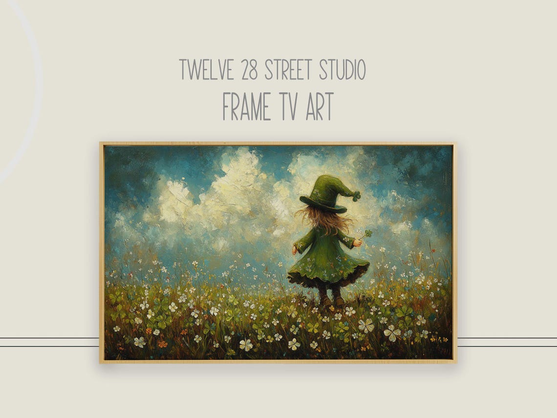 St Patricks Day Girl Green Hat Shamrock Meadow Whimsical Clouds Poster