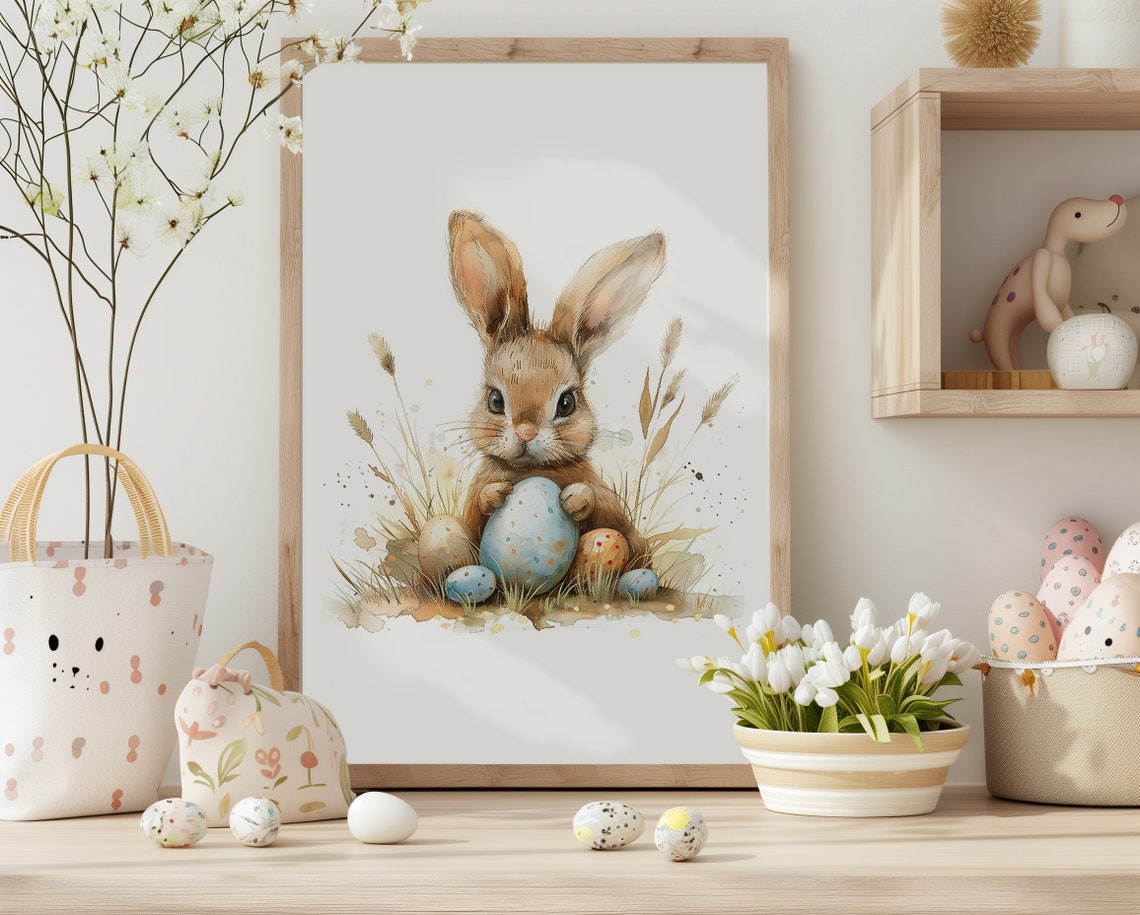 Watercolor Easter Bunny Holding Blue Egg Spring Nursery Decor Poster - Image 3