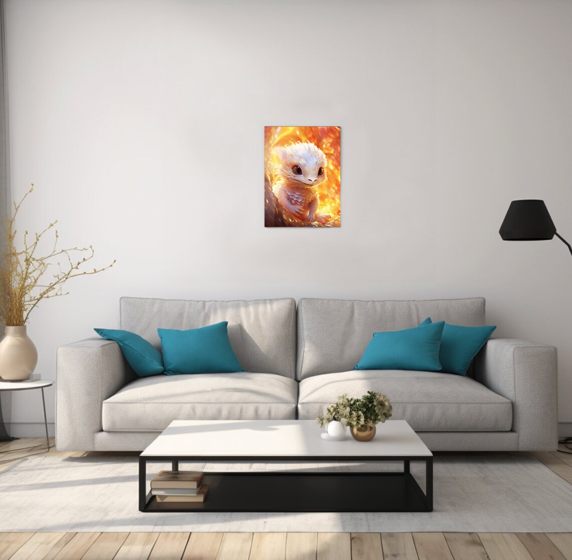 Baby White Dragon Hatchling Big Eyes Glowing Ember Background Art Poster - Image 2
