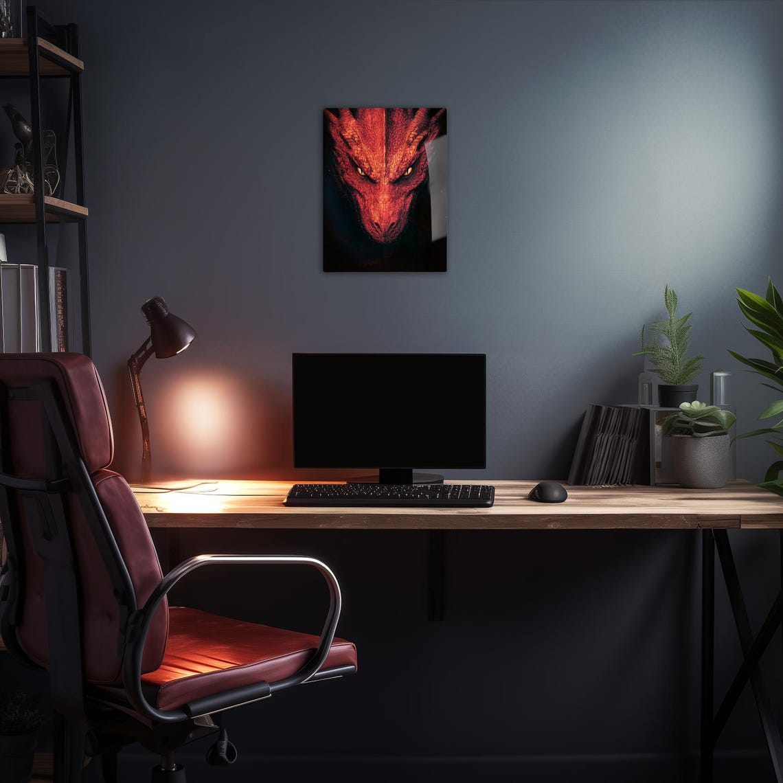 Fierce Red Dragon Face Close Up Glowing Amber Eyes Dark Fantasy Poster - Image 2