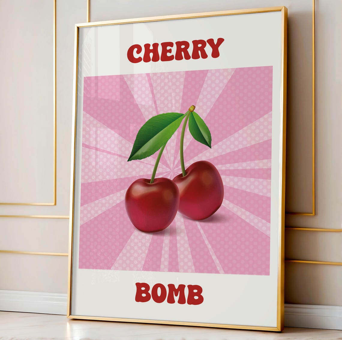 Cherry Bomb Retro Pop Art Cherries on Pink Sunburst Halftone Poster