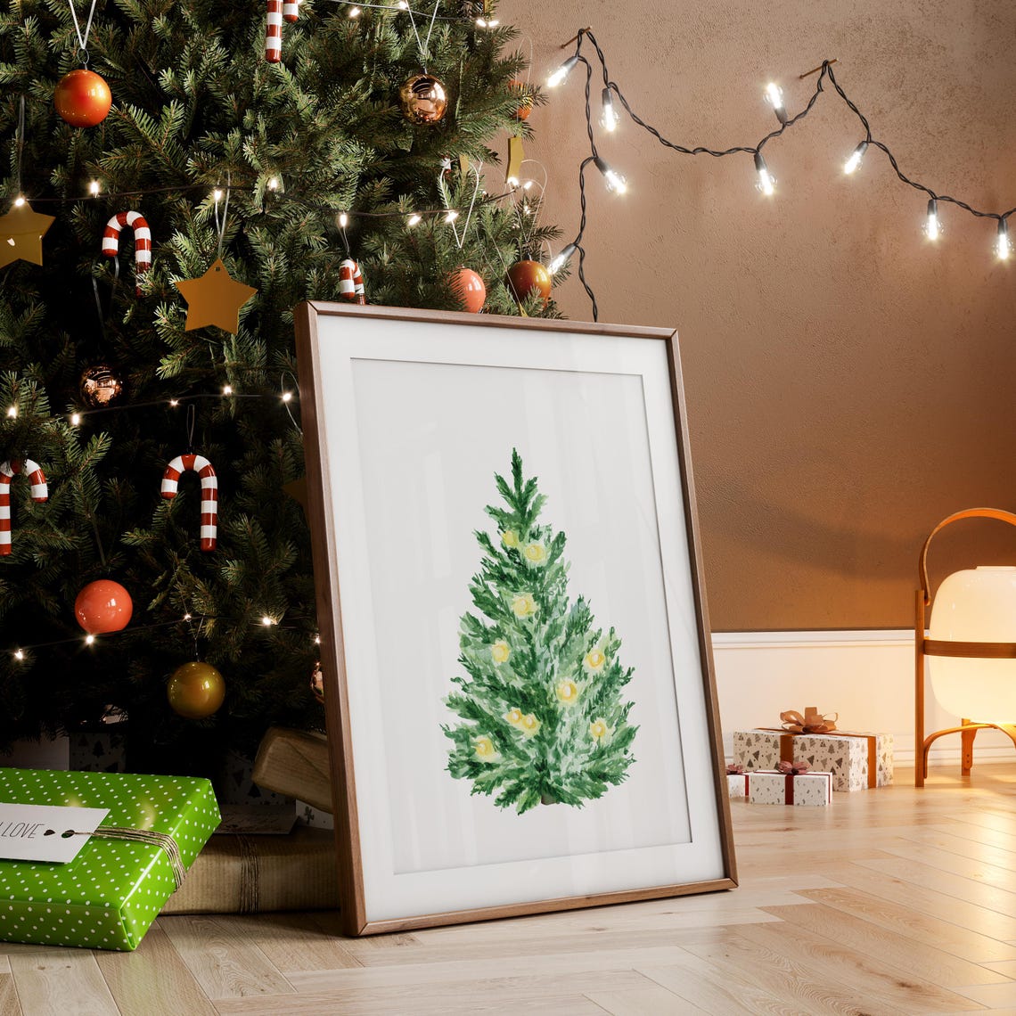 Watercolor Christmas Tree Gold Lights Minimalist Holiday Poster - Image 3