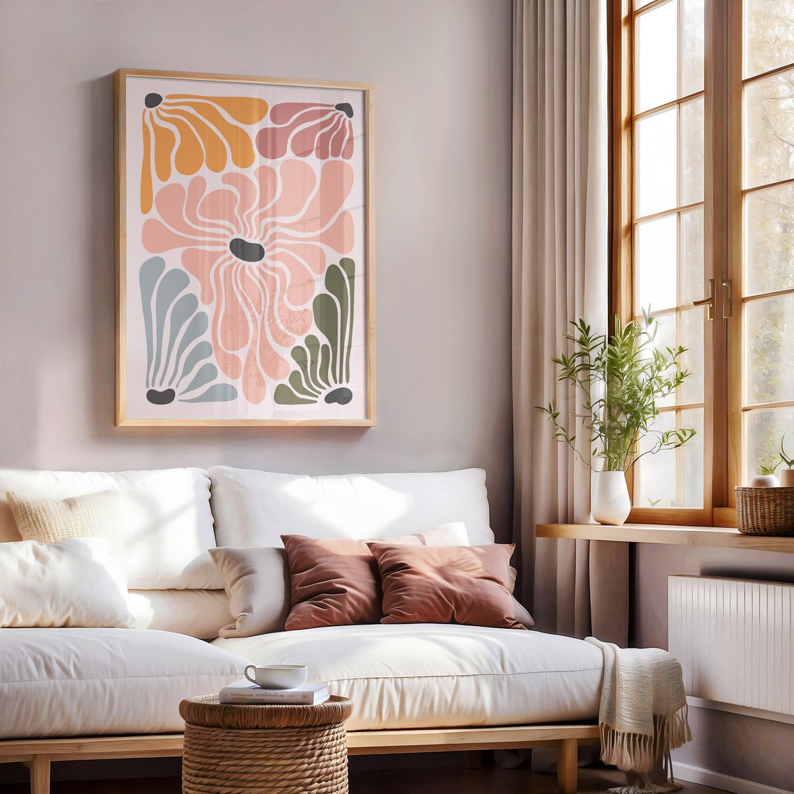 Matisse Inspired Abstract Coral Grey Flowers Modern Art Poster - Image 2