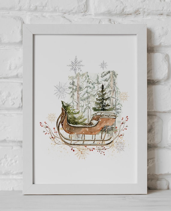 Vintage Christmas Sleigh Pine Tree Snowy Forest Watercolor Poster