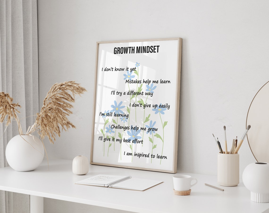 Growth Mindset Blue Floral Positive Thinking Classroom Poster - Image 3