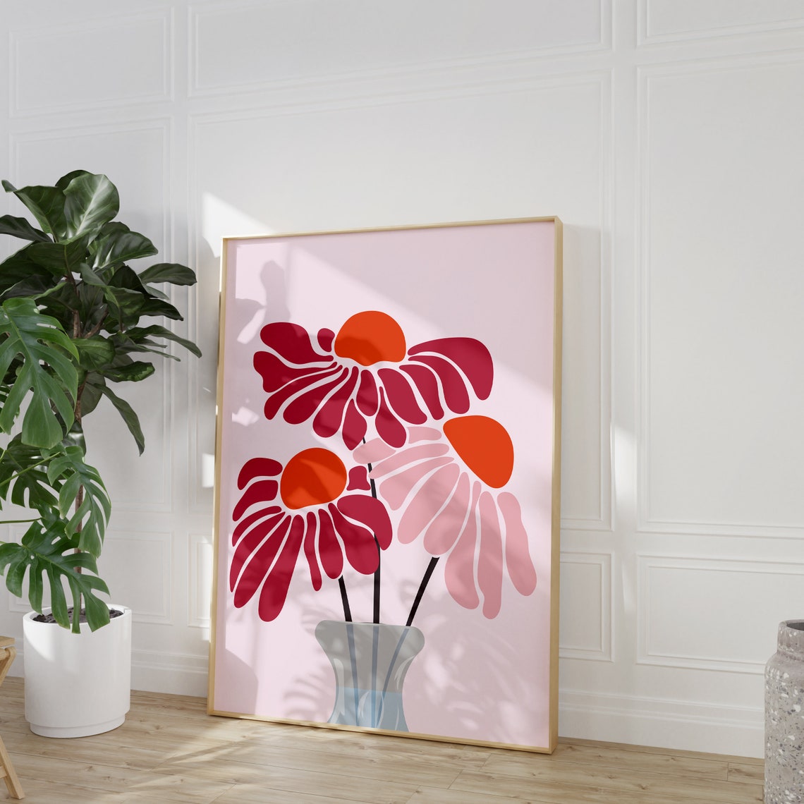 Three Magenta Daisies in a Glass Vase Retro Mid Century Wall Art - Image 2