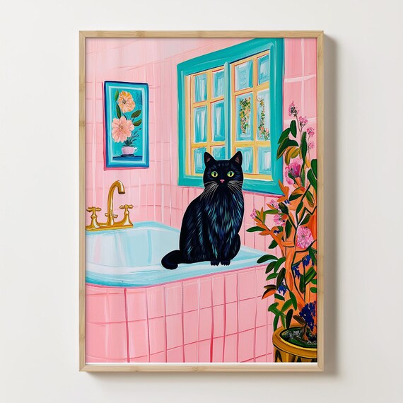 Black Cat Sitting on a Pink Tiled Bathroom Sink Cat Art Poster