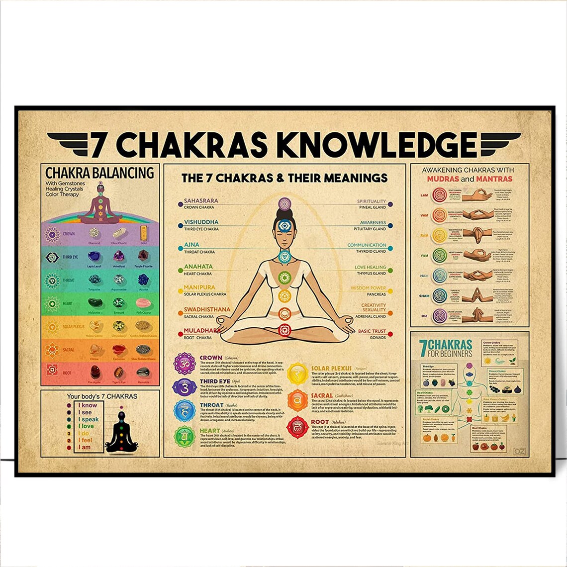 7 Chakras Knowledge Meanings Mudras and Mantras Vintage Poster