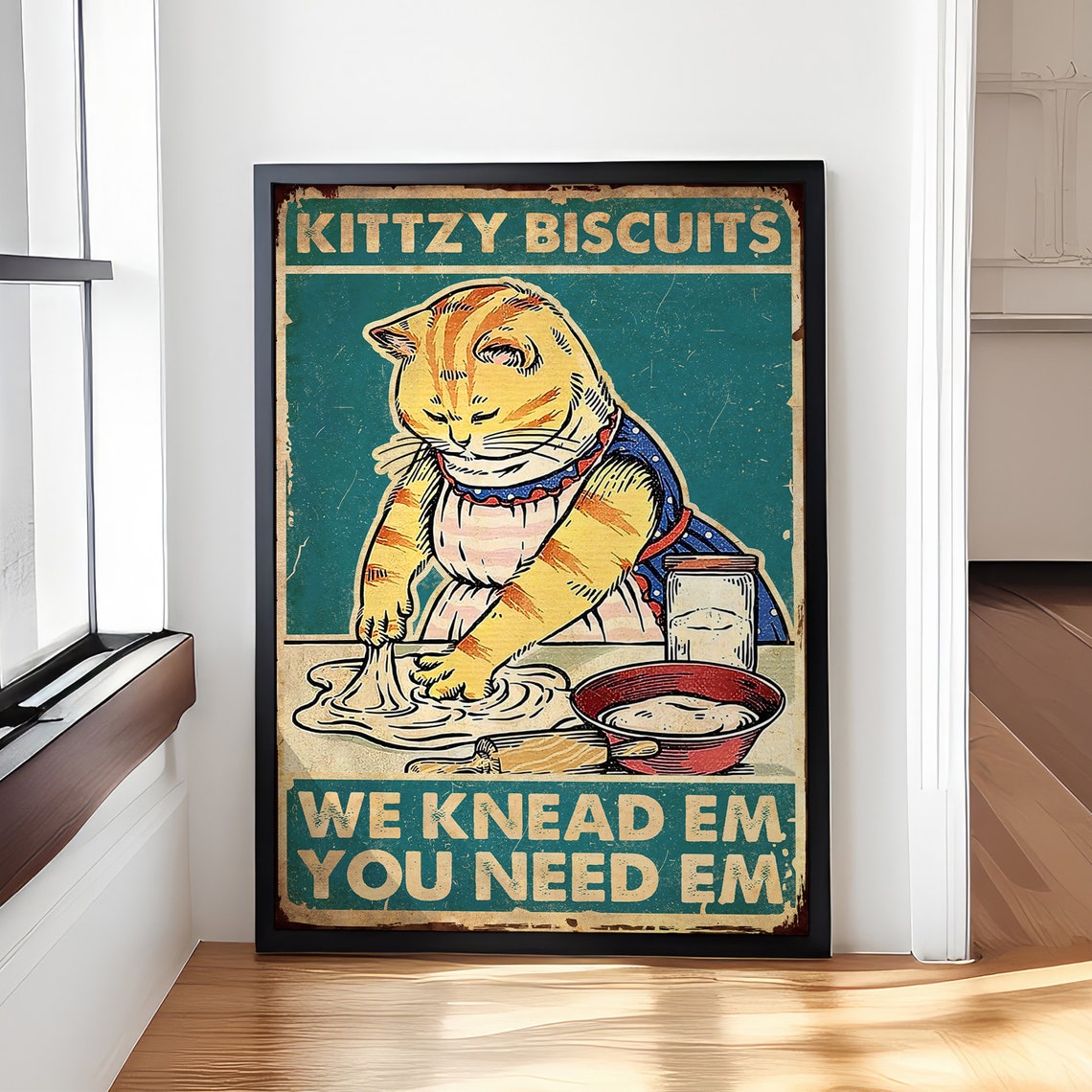 Funny Cat Kittzy Biscuits We Knead Em Vintage Kitchen Humor Poster