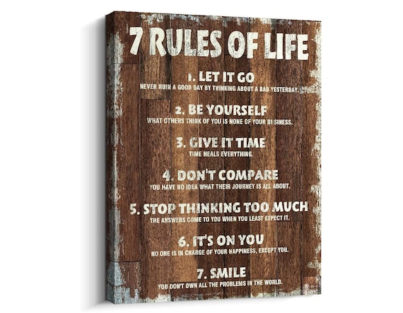 7 Rules of Life Rustic Brown Wood Motivational Quotes Canvas Wall Art