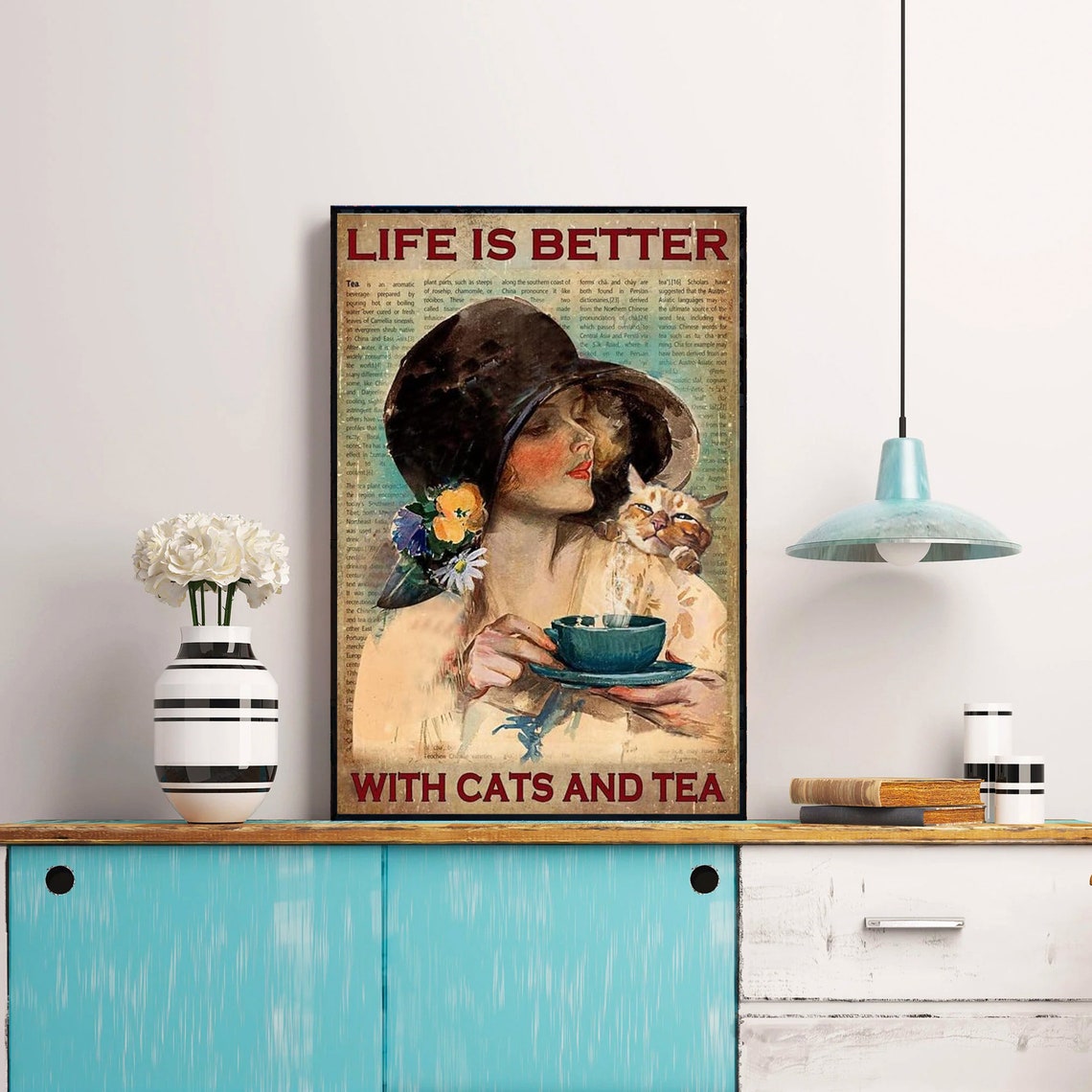 Vintage Lady Cat Tea Cup Life Is Better Cats And Tea Wall Poster - Image 3