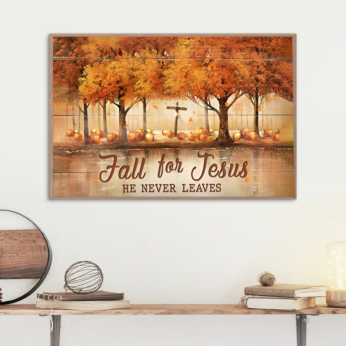 Fall For Jesus He Never Leaves Autumn Pumpkin Forest Scene Poster - Image 4
