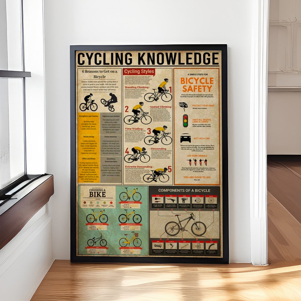 Cycling Knowledge Bicycle Styles Safety and Components Poster