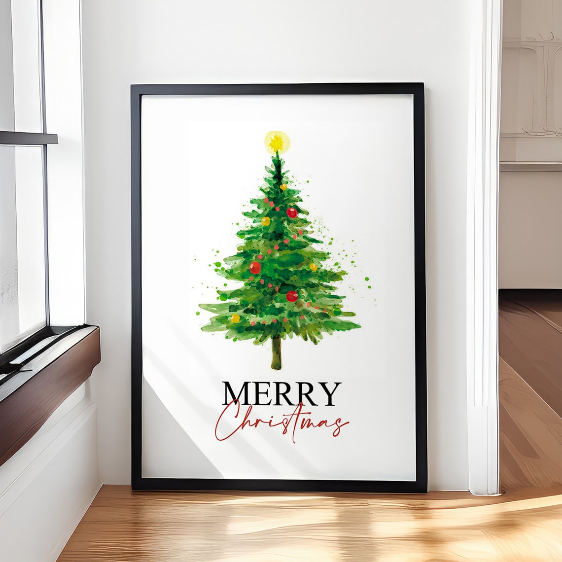 Watercolor Christmas Tree With Merry Christmas Lettering Poster