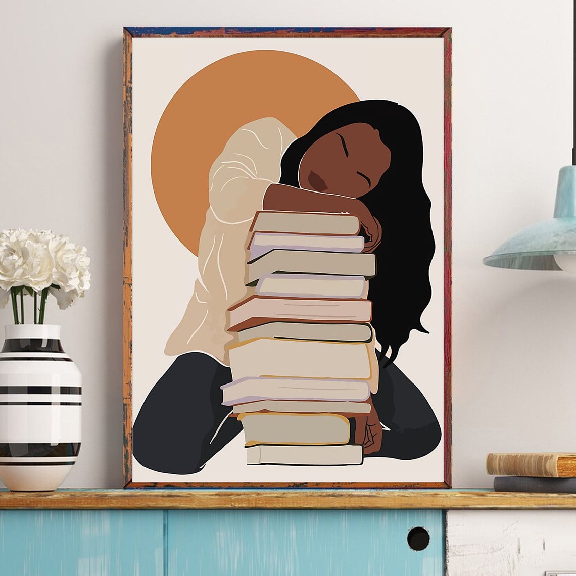 Book Lover Black Woman Hugging Stack Of Books Reading Art Poster - Image 4