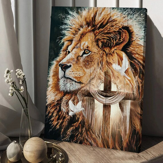 Lion and Cross Crown of Thorns Dove Christian Wildlife Faith Poster