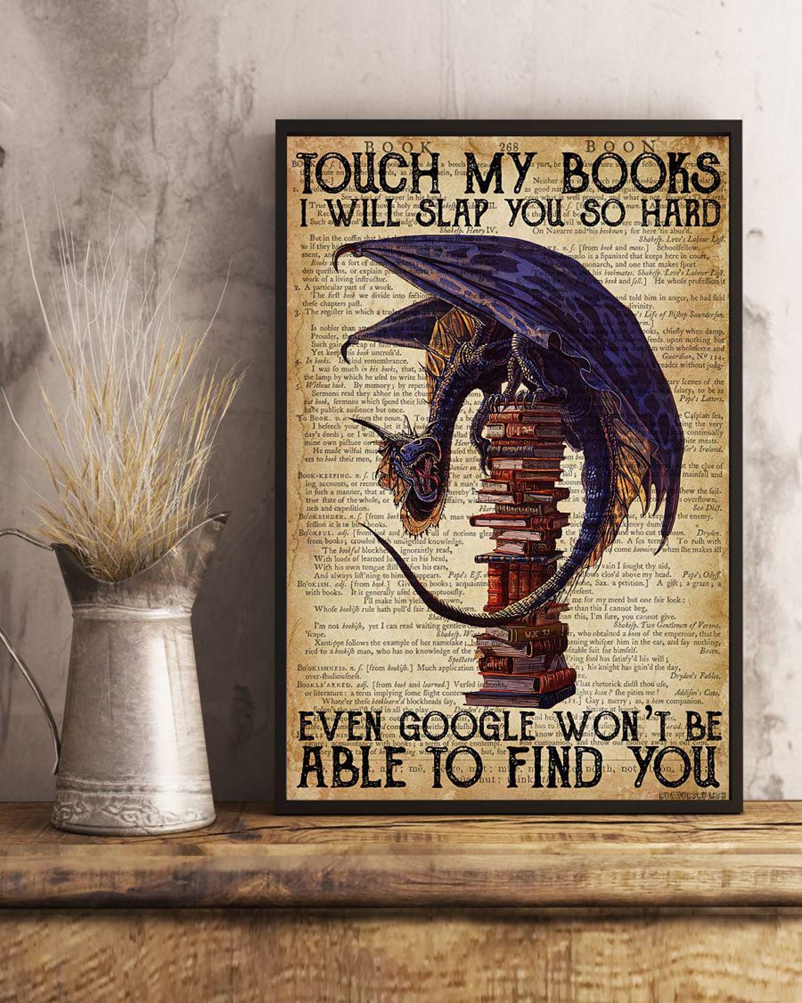 Touch My Books Funny Dragon Guarding Tall Stack Of Books Poster - Image 2