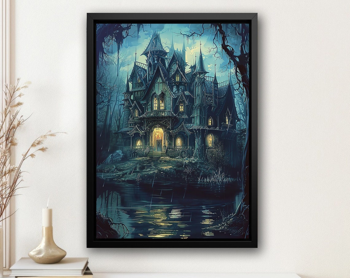 Dark Haunted Castle By Night Lake Glowing Windows Gothic Art Poster