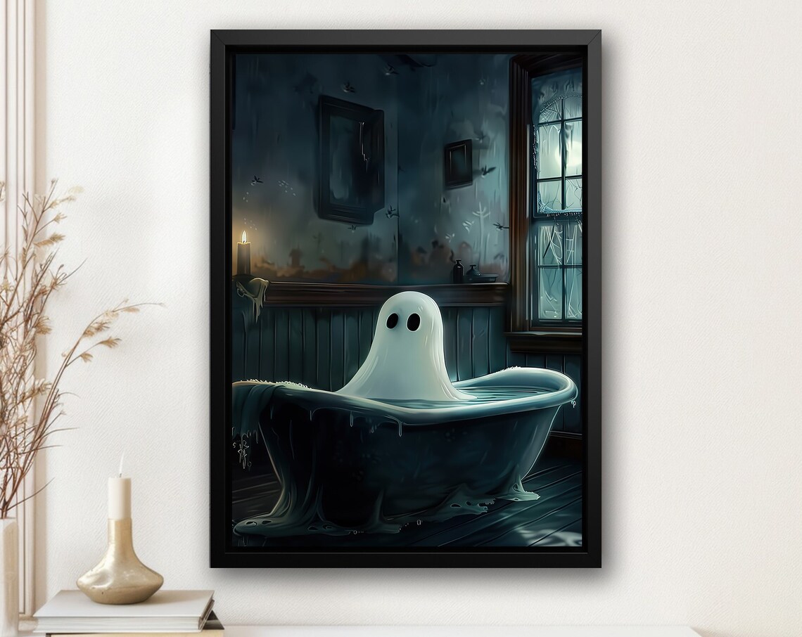 Dark Ghost in Candlelit Bathtub Spooky Vintage Bathroom Halloween Poster