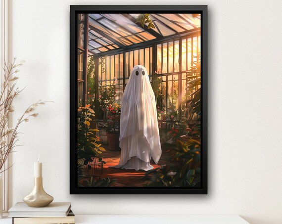 Ghost in Sunlit Greenhouse Among Lush Plants Warm Botanical Halloween Poster