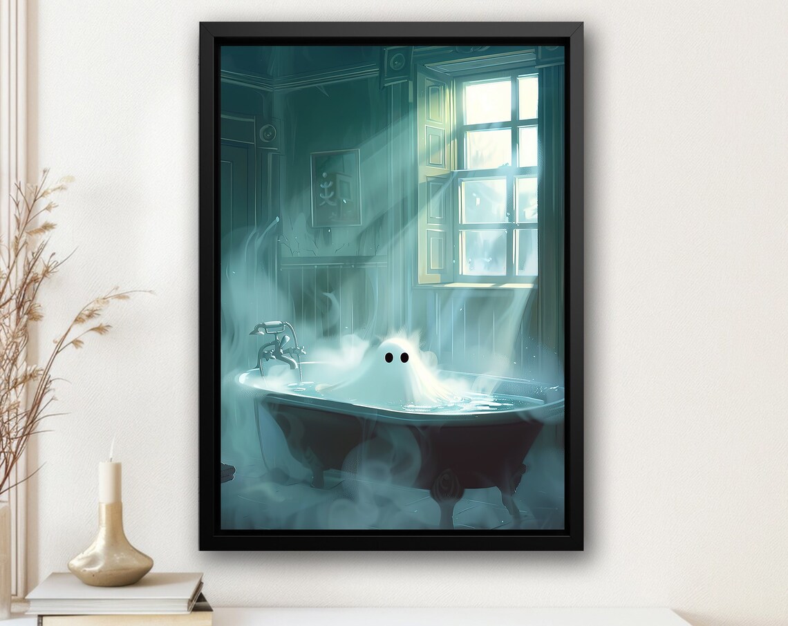 Dreamy Ghost in Steaming Teal Bathtub Sunlit Bathroom Halloween Poster
