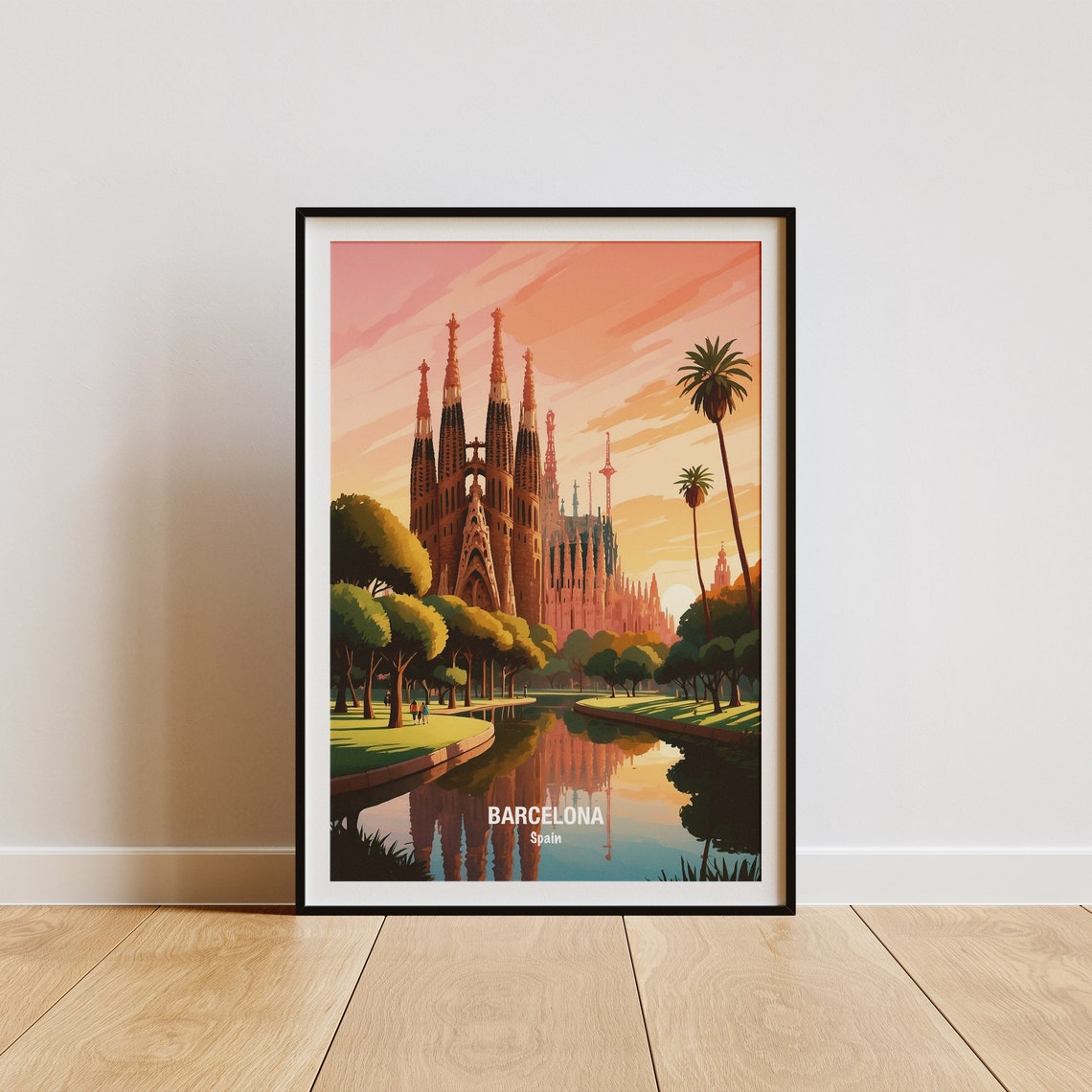Barcelona Sagrada Familia Sunset Pond Mirror Reflection Poster