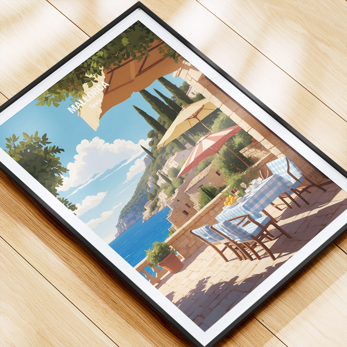 Mallorca Spain Coastal Terrace Cafe Cypress Cliffs Sea View Poster - Image 4