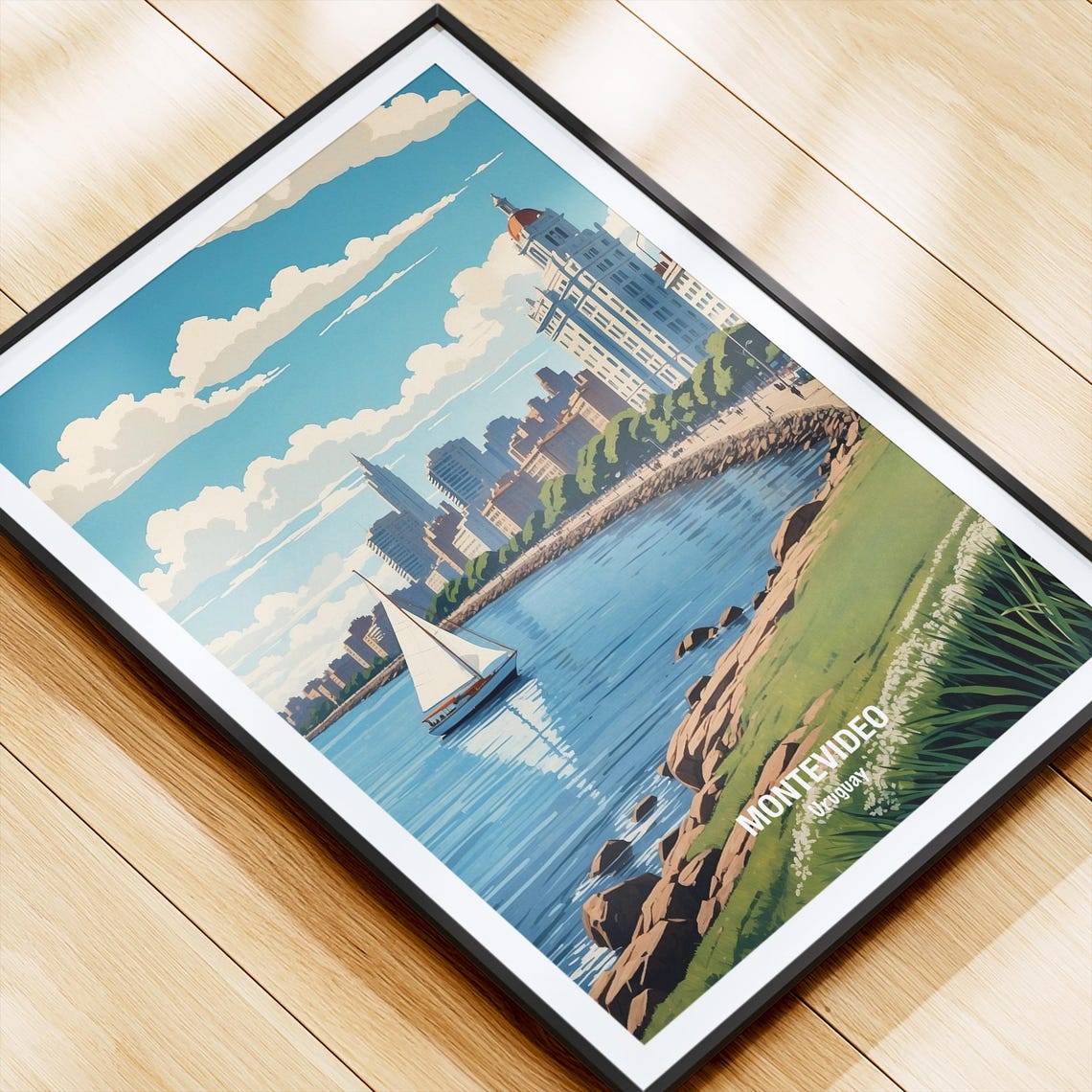 Montevideo Uruguay Waterfront Skyline Sailboat Rambla View Poster - Image 4