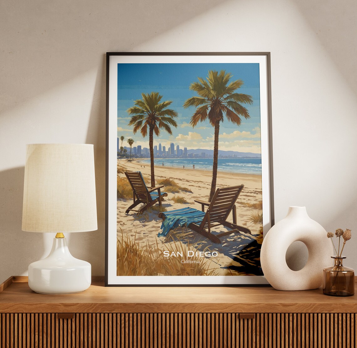 San Diego California Beach Chairs With The City Skyline View Poster - Image 3