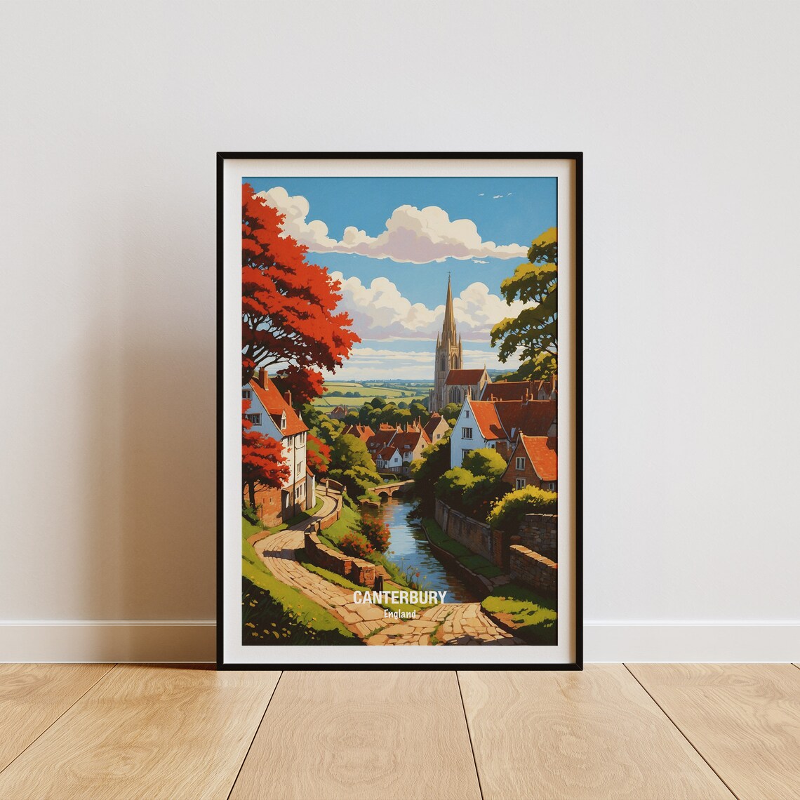 Canterbury Cathedral Riverside Village England Vintage Travel Poster