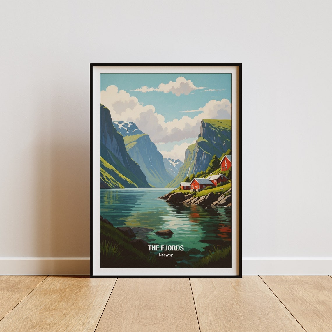 Norway Fjords Red Cabins Mountain Lake Scenic Vintage Poster