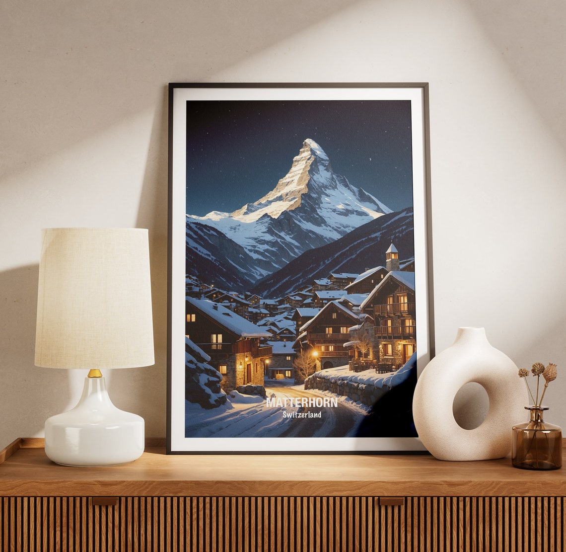 Matterhorn Switzerland Night Village Glowing Starry Peak Poster - Image 3