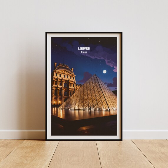 Paris Louvre Museum Glass Pyramid Moonlit Starry Night Poster