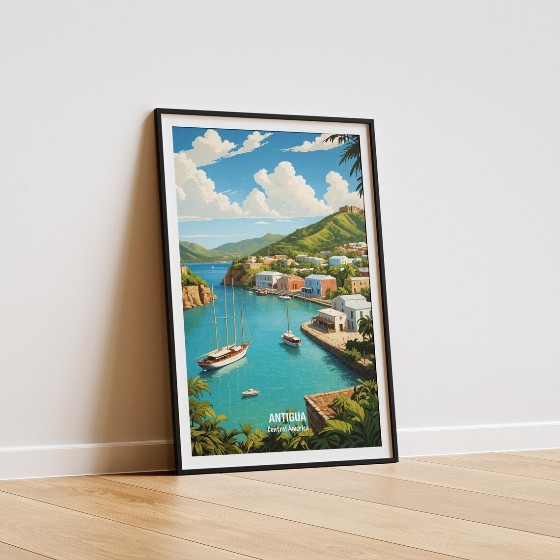 Antigua Central America Harbor Sailboats Hillside Town Poster - Image 5