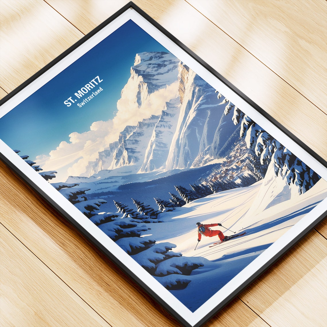 St Moritz Switzerland Alpine Skier Powder Slope Peaks Poster - Image 4