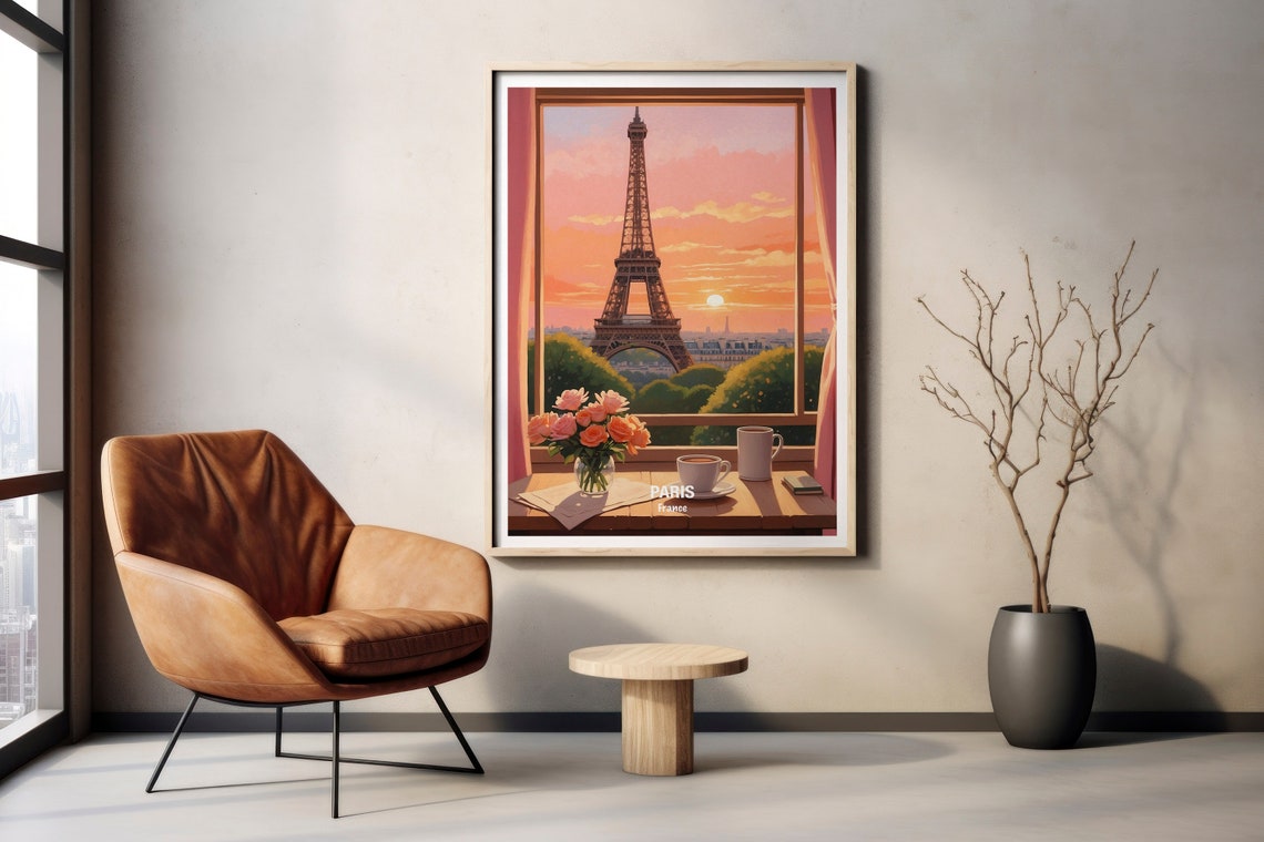 Paris Eiffel Tower Window View Coffee Cups Roses Sunrise Poster - Image 2