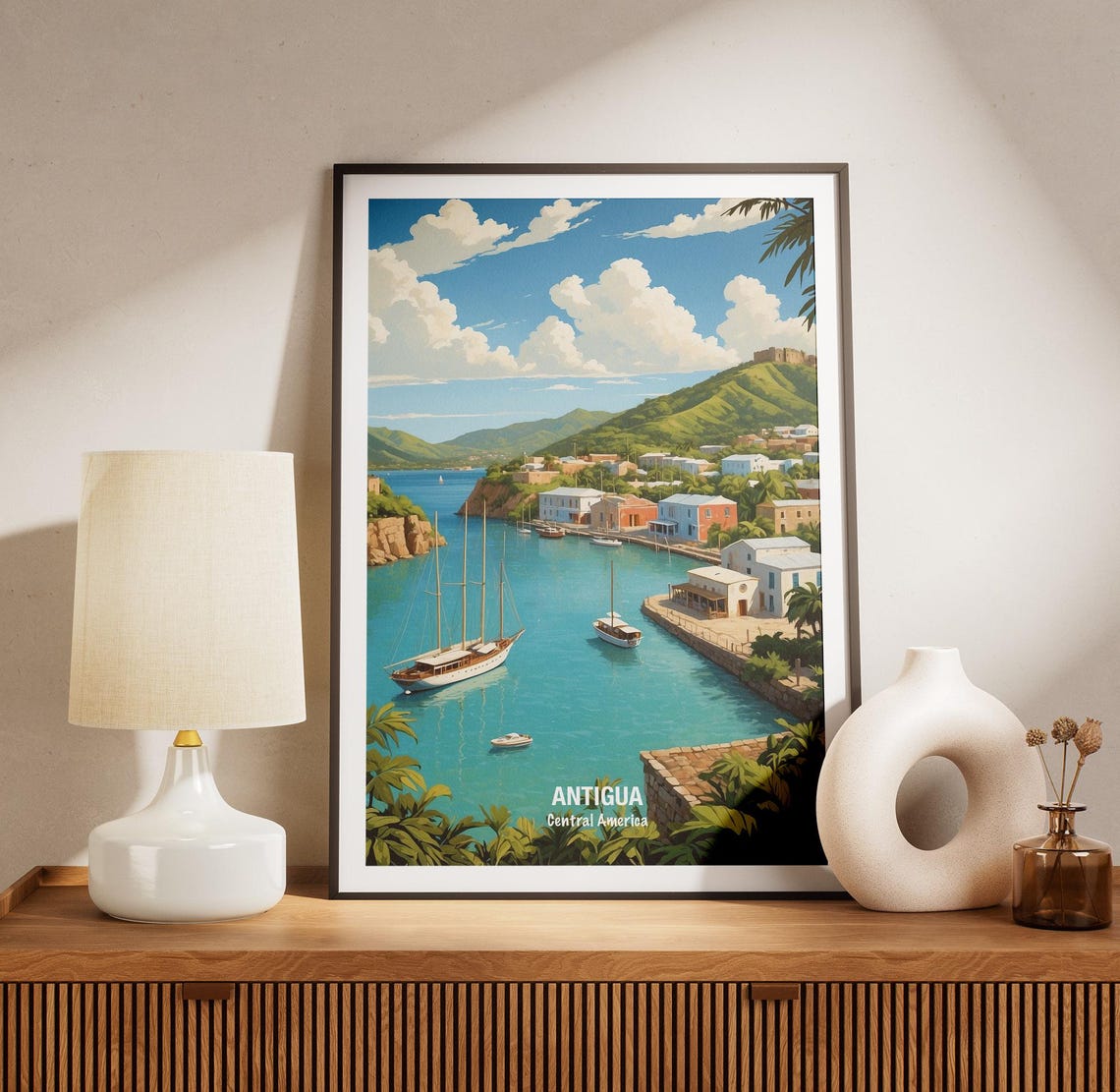 Antigua Central America Harbor Sailboats Hillside Town Poster - Image 3