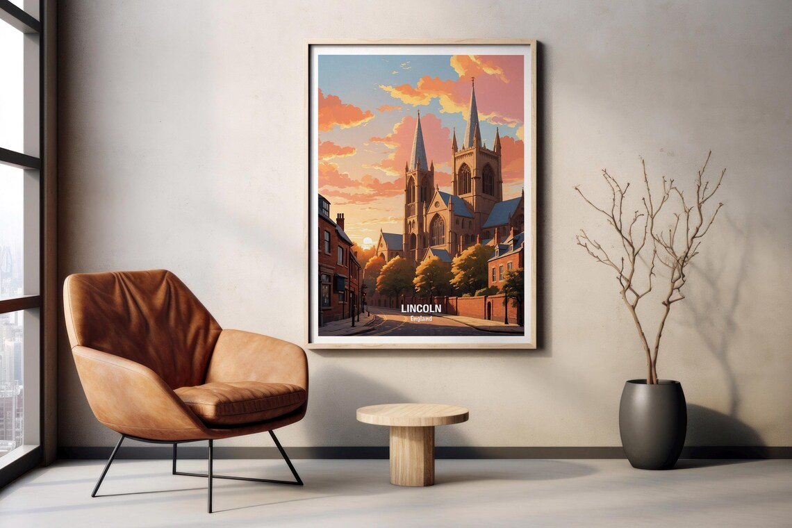 Lincoln Cathedral Twin Spires Sunset Golden England Travel Poster - Image 2