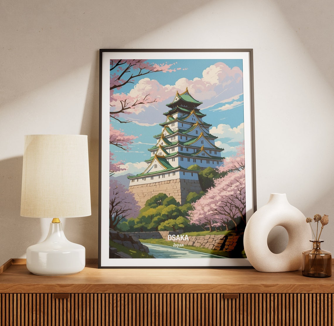 Osaka Castle Cherry Blossom Spring Japan Landmark Travel Poster - Image 3