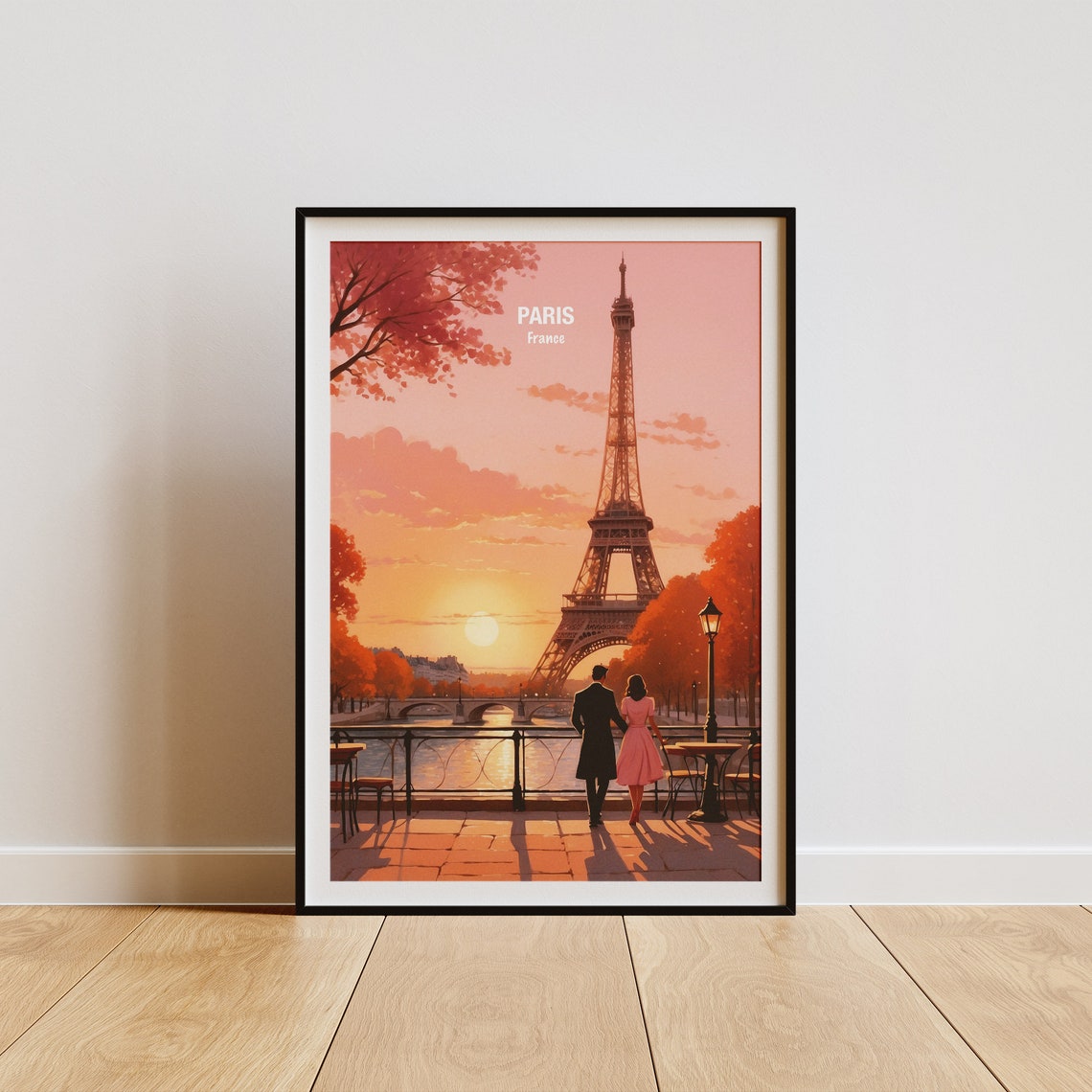 Paris Eiffel Tower Pink Sunset Riverside Couple Evening Walk Poster