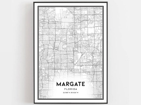 Margate Map Print Poster Wall Art Fl City Florida Street Decor Road Gift B1269