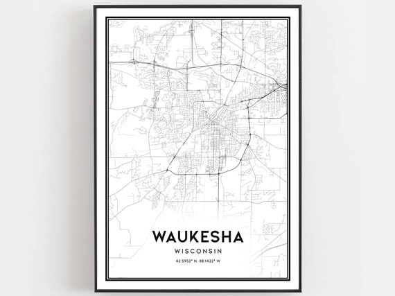 Waukesha Map Print Poster Wall Art Wi City Wisconsin Street Decor Road Gift B1088