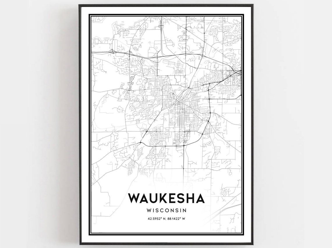 Waukesha Wisconsin Minimalist City Map Poster Black White Street Decor
