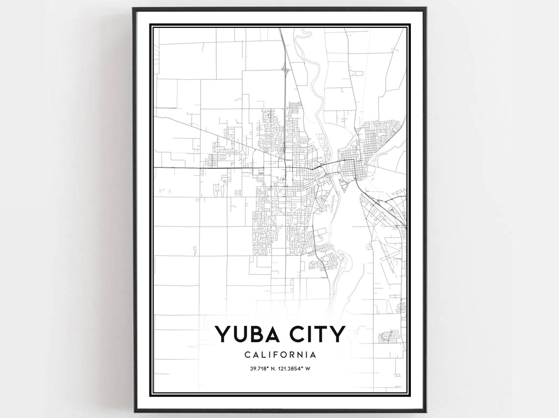 Yuba City California Street Map Minimalist Black and White City Poster