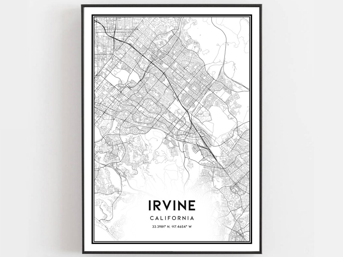Irvine California Minimalist Black White City Street Map Poster
