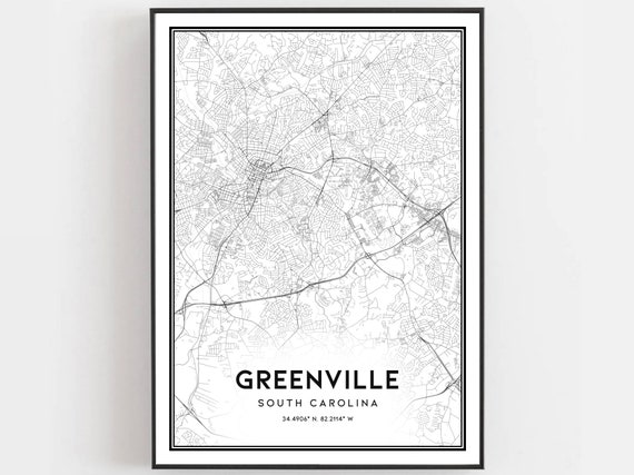 Greenville Map Print Poster Wall Art Sc City South Carolina Street Decor Road Gift B403